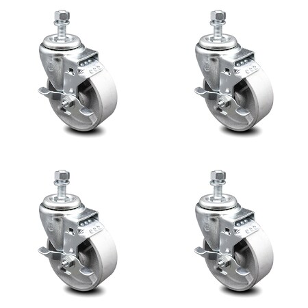 Service Caster 4 Inch Semi Steel Swivel 10mm Threaded Stem Caster Set with Brake SCC SCC-TS20S414-SSS-TLB-M1015-4